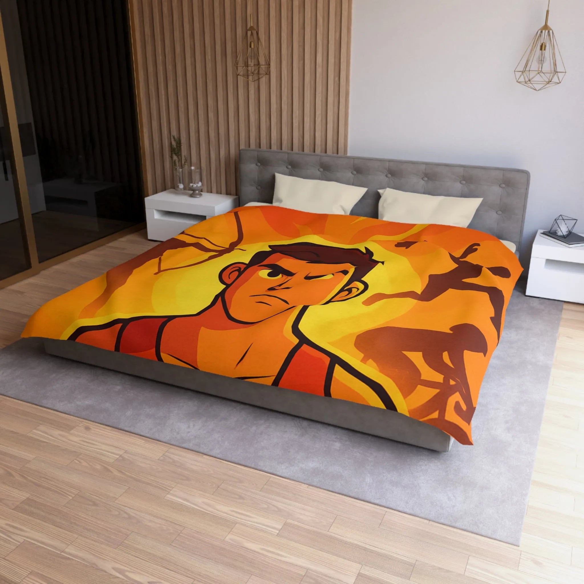 Housse de couette dynamique orange avec motifs sportifs et personnages déterminés en action
