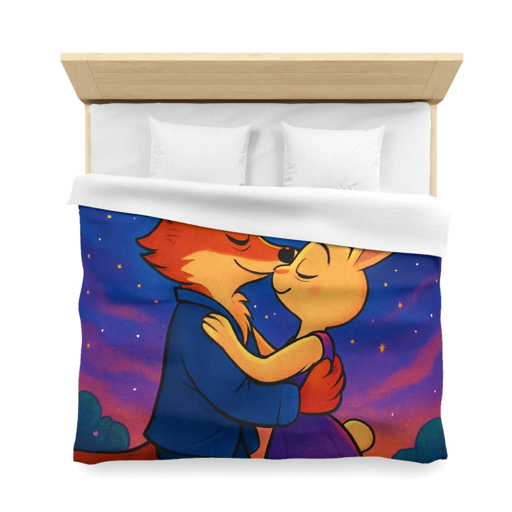 Housse de couette avec renard et lapin amoureux sous ciel étoilé romantique