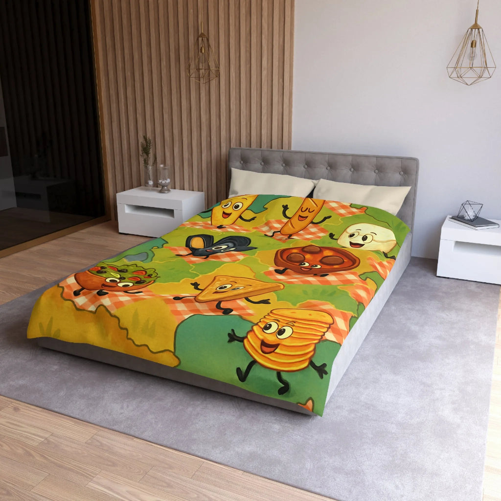 Housse de couette colorée avec motif ludique de spécialités culinaires françaises