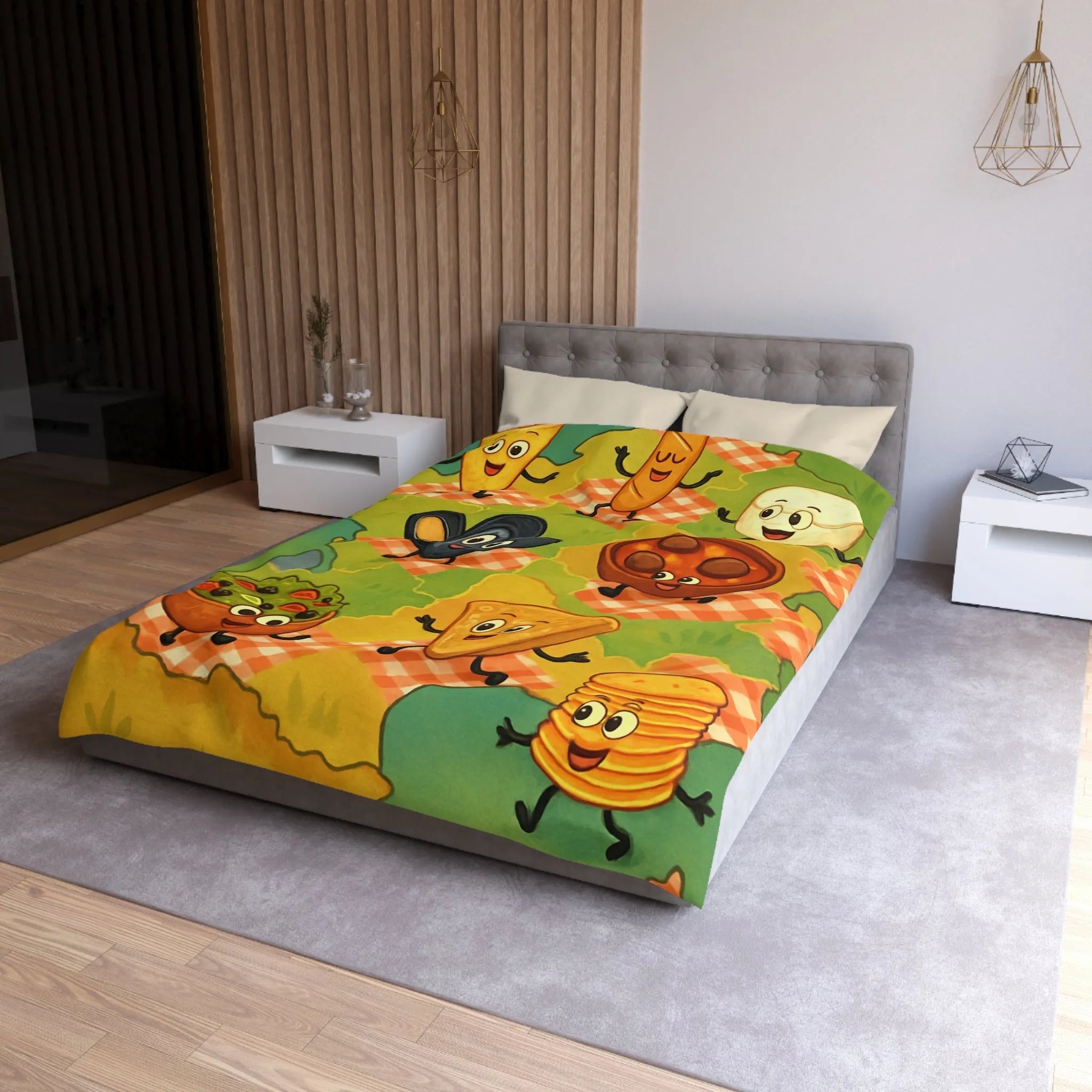 Housse de couette colorée avec motif ludique de spécialités culinaires françaises