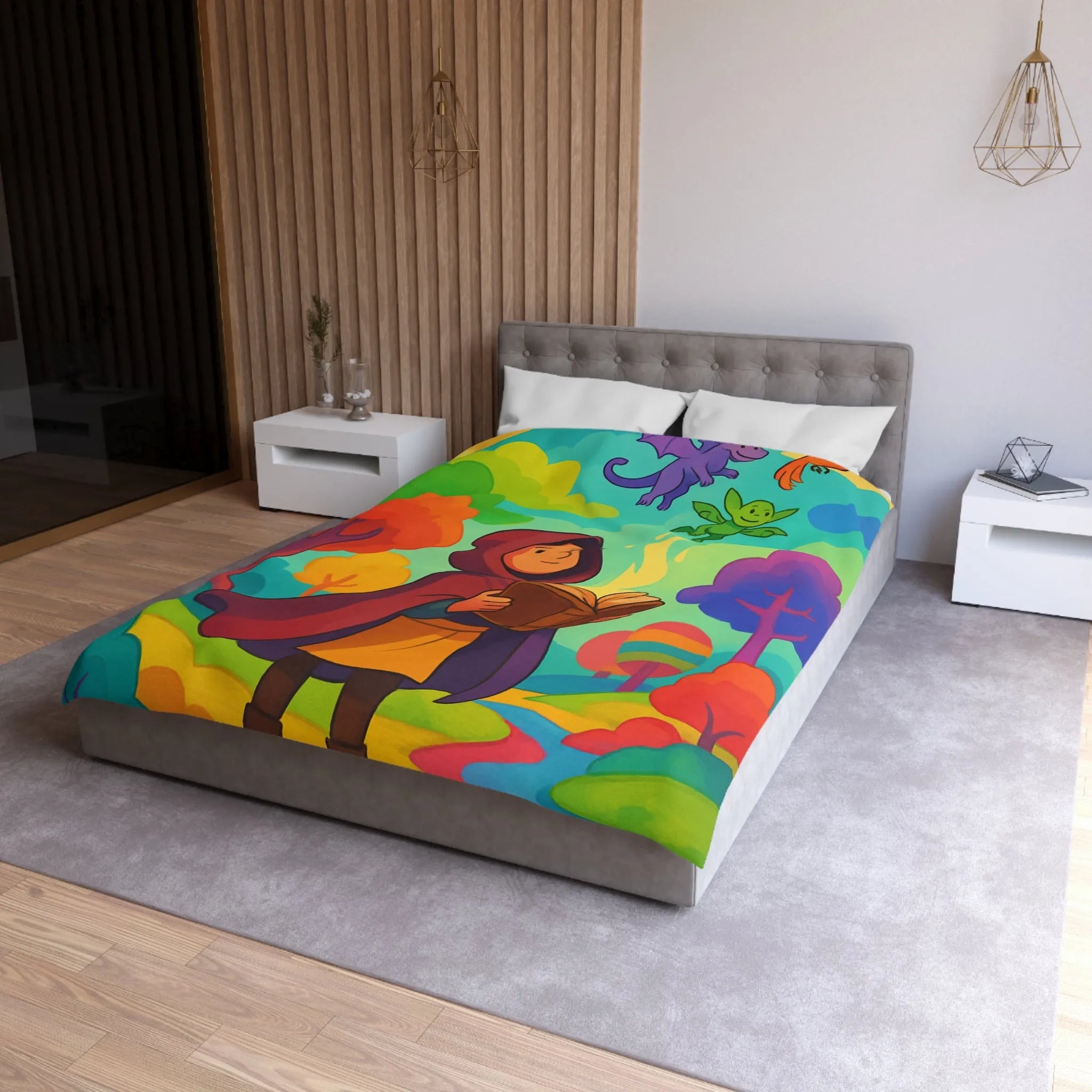 Housse de couette colorée avec scène magique de livre et créatures fantastiques