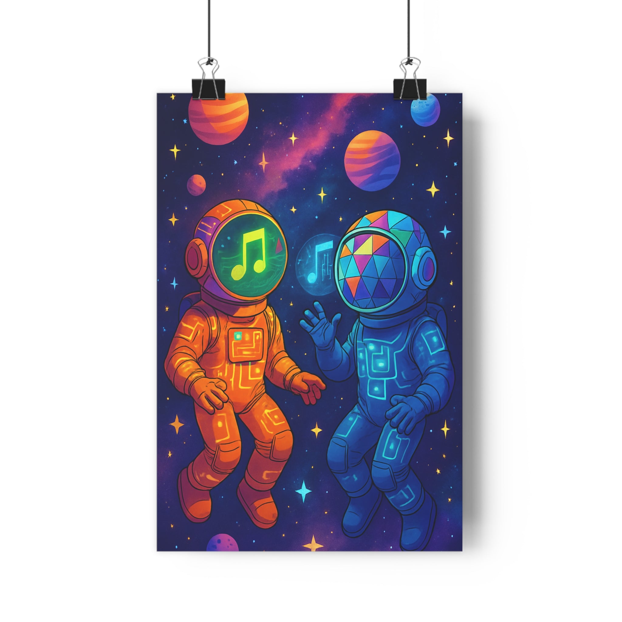 Poster décoratif moderne astronautes orange bleu musique cosmique futuriste bureau chambre ambiance tendance qualité