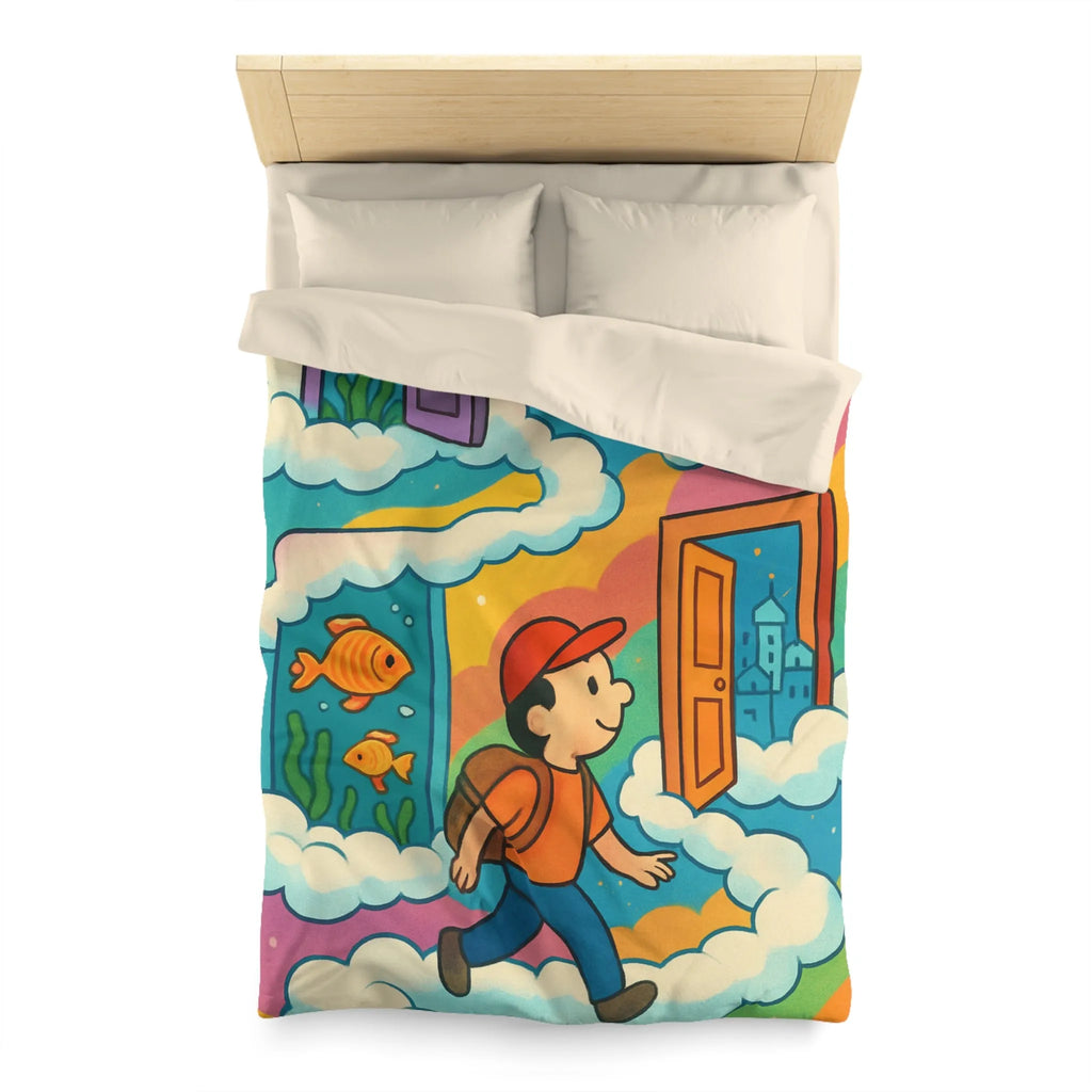 Housse de couette colorée avec portes magiques, nuages et aventure pour enfants rêveurs