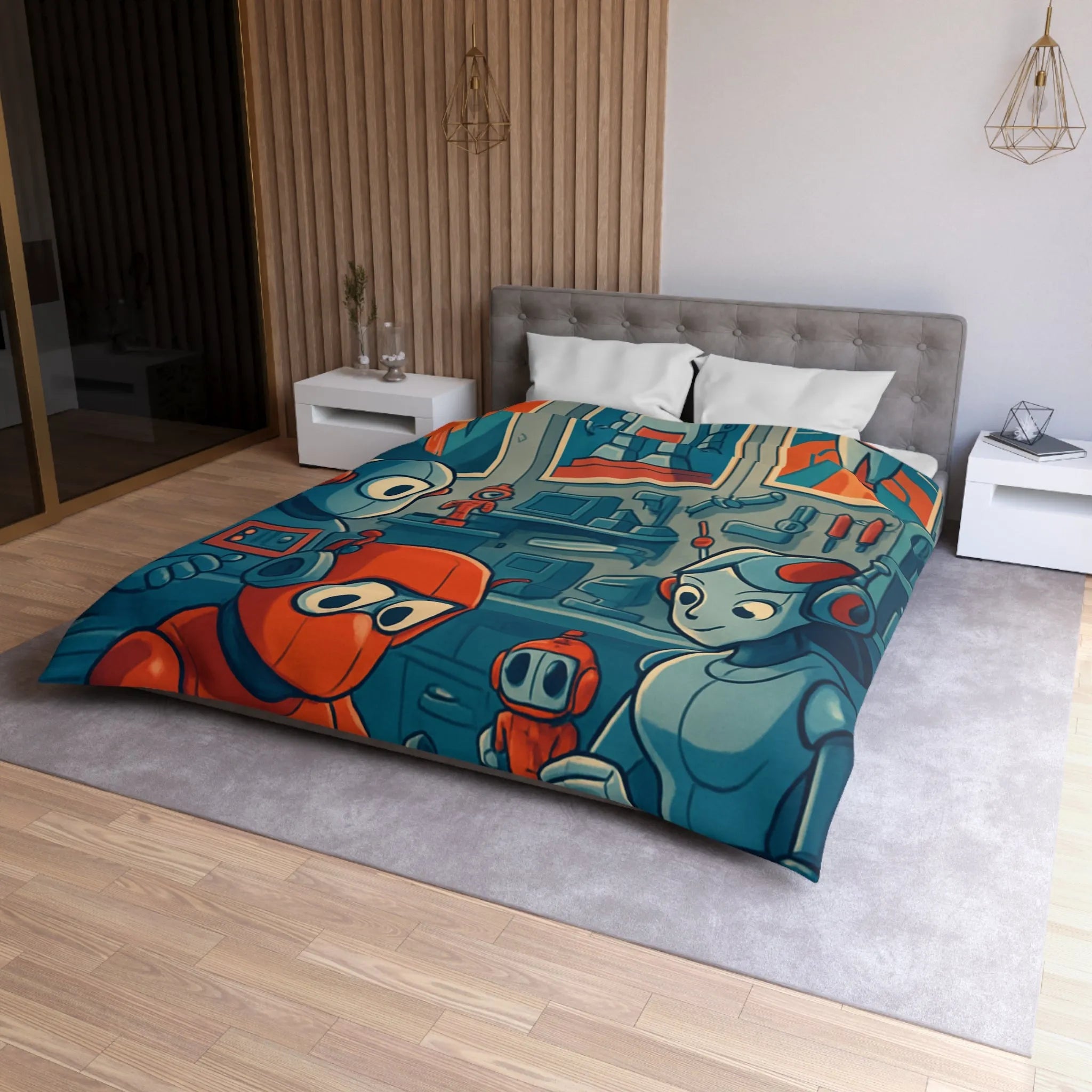 Housse de Couette Adorable Atelier de Robots pour Enfants au Look Rétro Futuriste