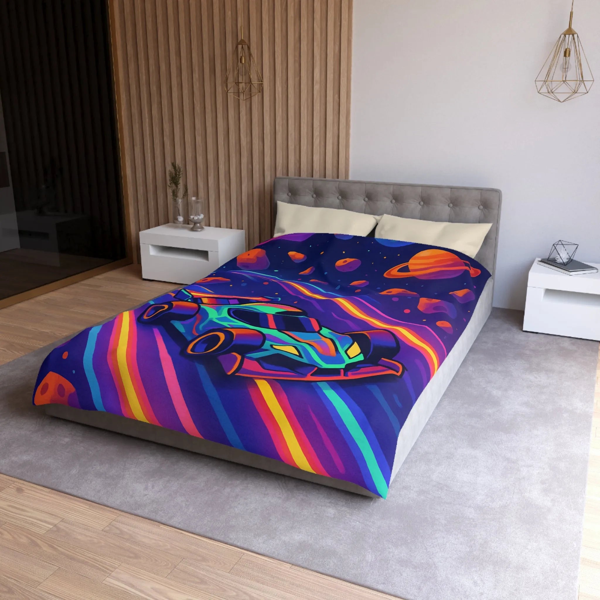 Éblouissante Housse de Couette avec Voiture Néon Galactique et Planètes Colorées