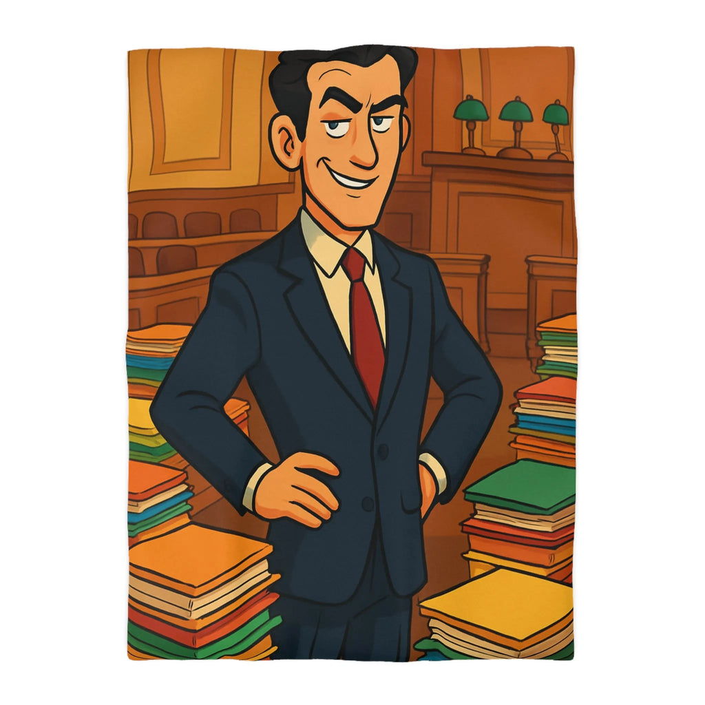 Élégante housse de couette rétro, piles de dossiers colorés, personnage confiant et distingué