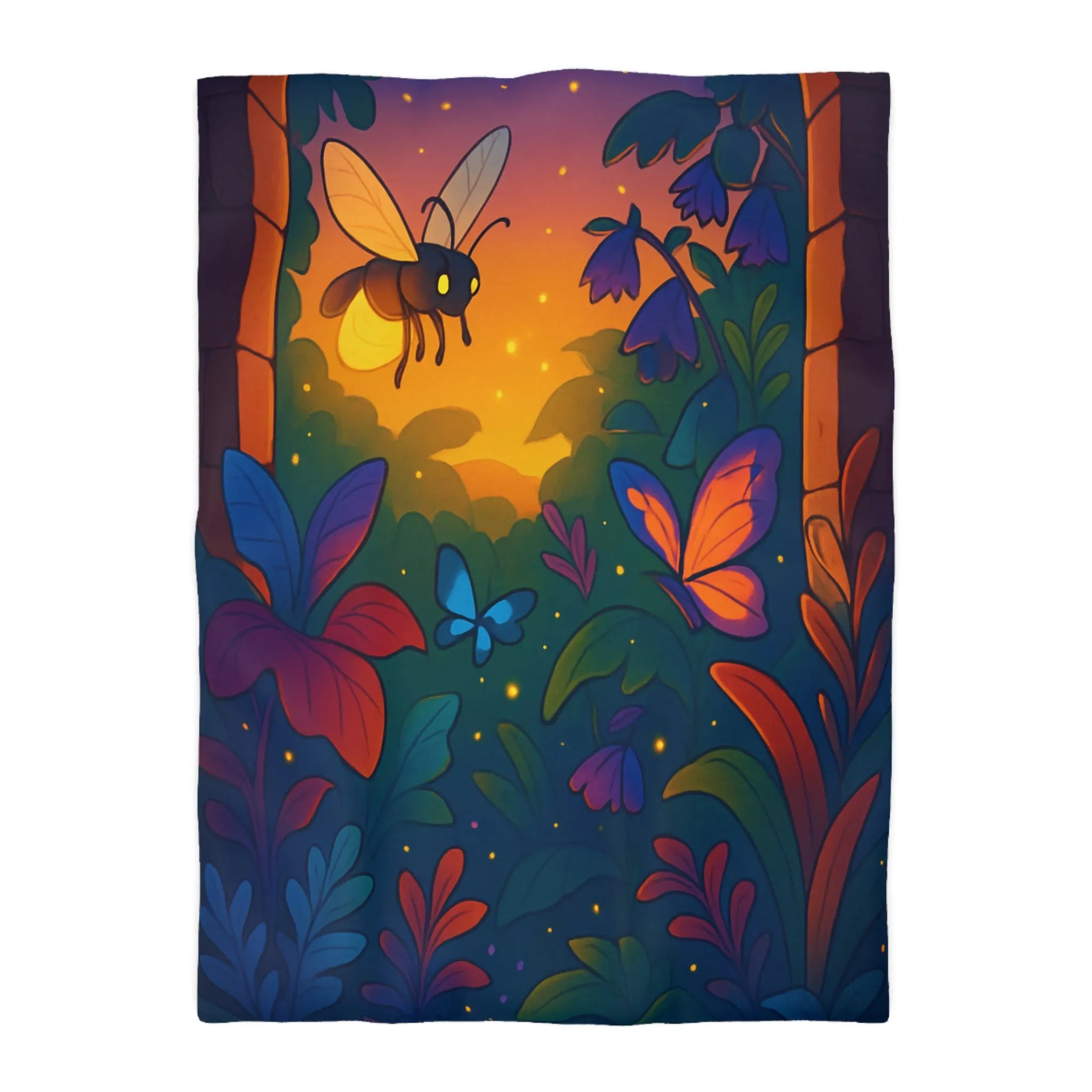 Housse de couette magique avec jardin nocturne illuminé d'insectes lumineux et fleurs vibrantes