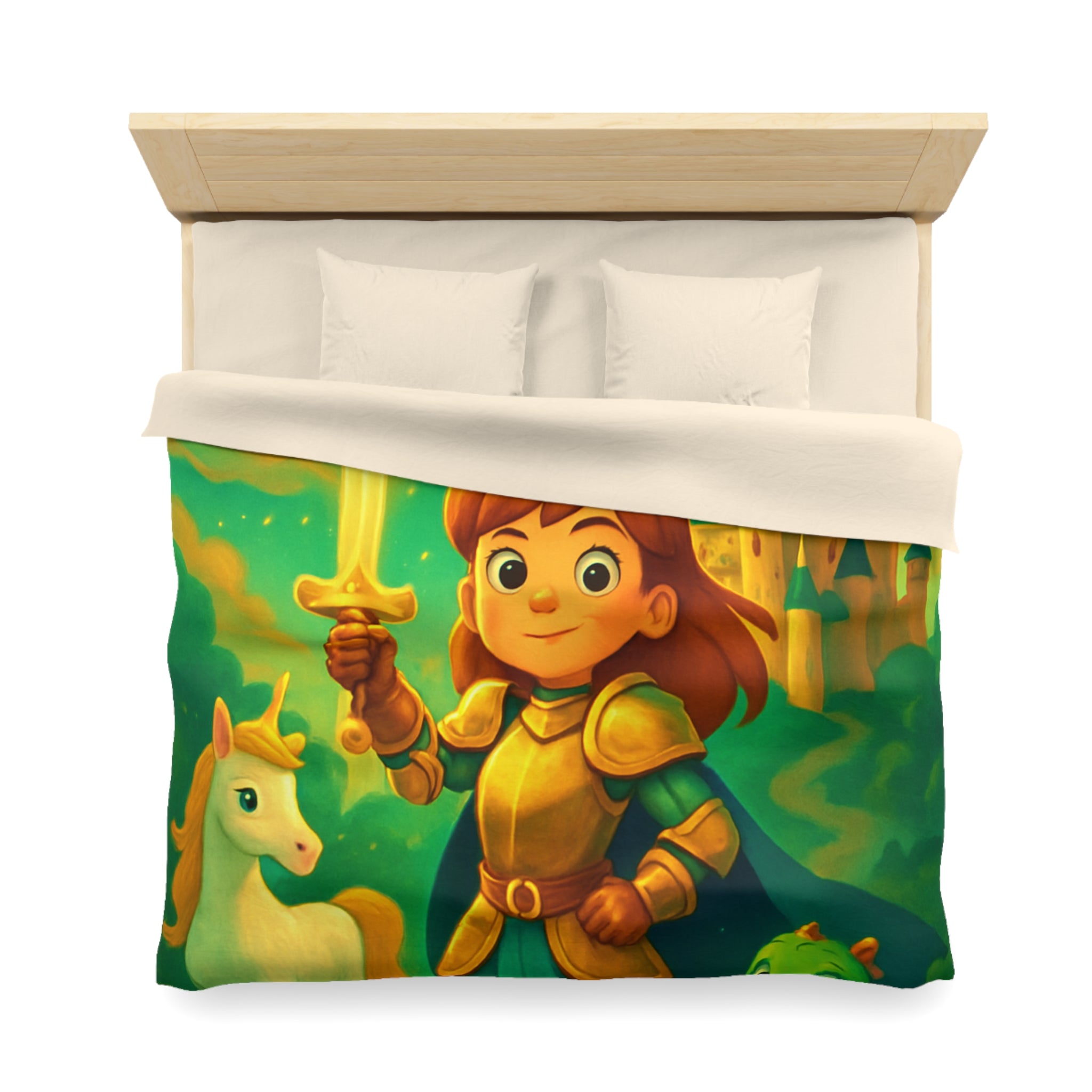 Housse de couette pour enfants avec chevalier, château et animaux fantastiques