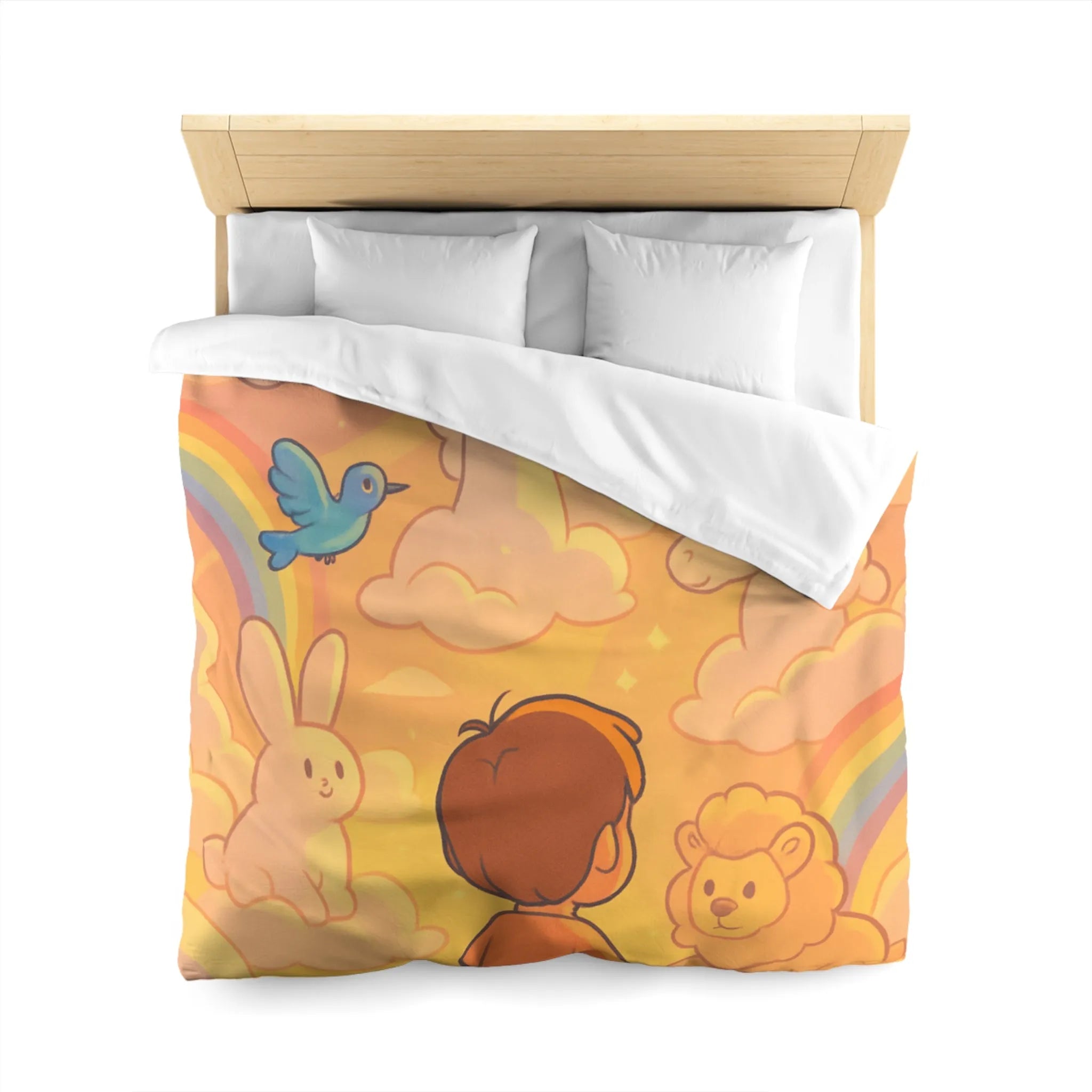 Housse de Couette Enfantine avec Licornes, Lapins et Oiseaux dans les Nuages Pastels