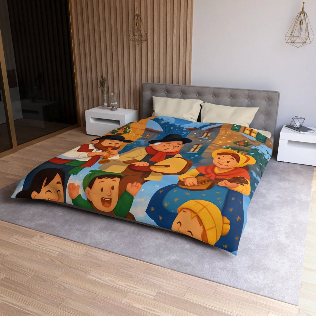 Housse de couette festive avec village enneigé et musiciens pendant l’hiver joyeux