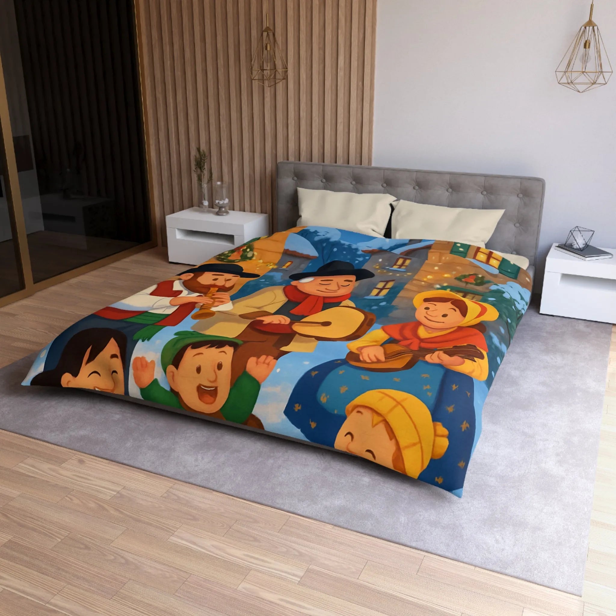 Housse de couette festive avec village enneigé et musiciens pendant l’hiver joyeux