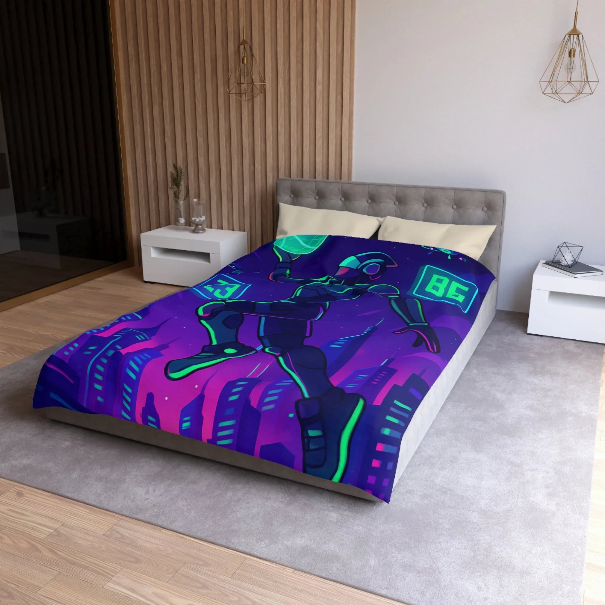 Housse de Couette Futuriste avec Robot Jouant au Basketball Lumineux dans Ville Néon