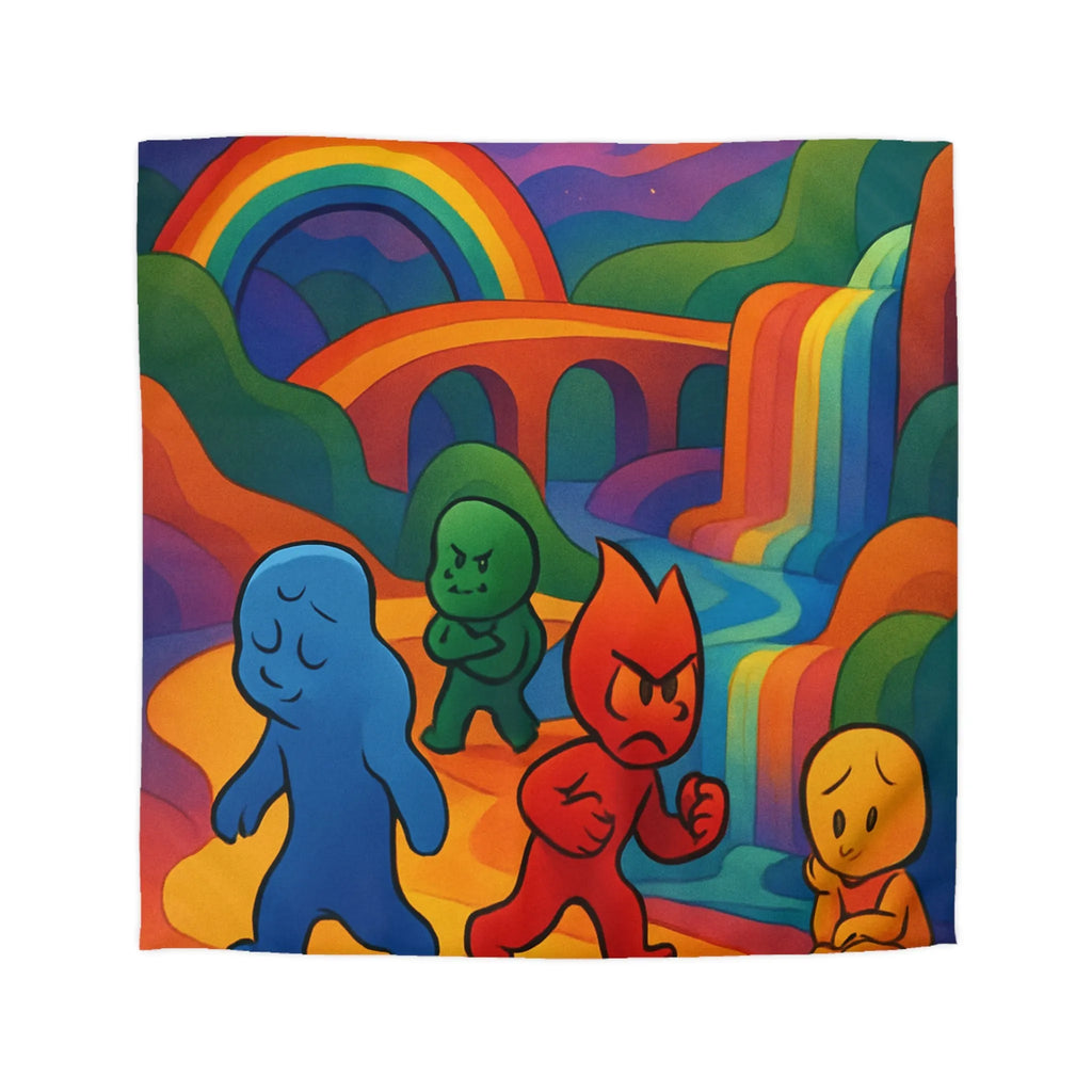 Housse de couette arc-en-ciel vibrante avec personnages colorés et cascade sereine