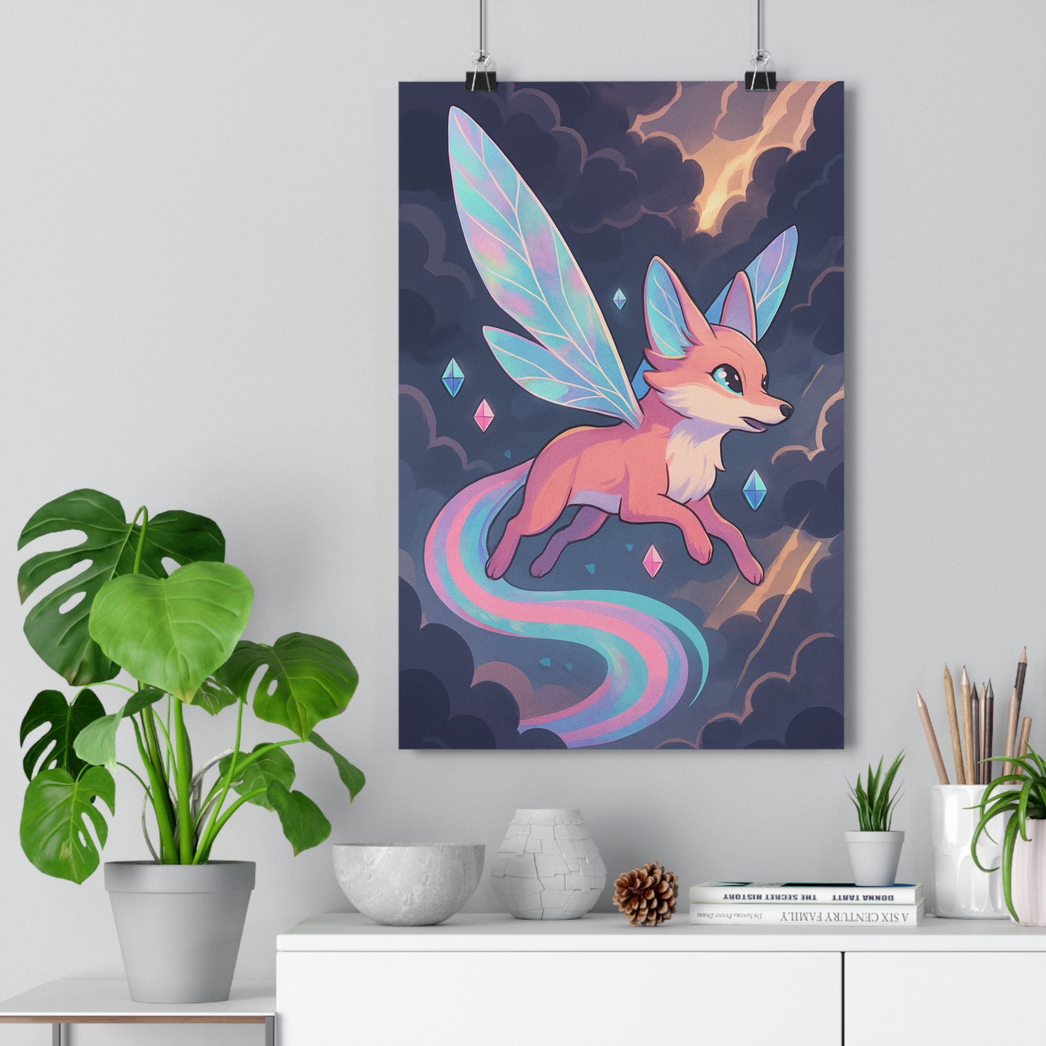 Poster décoratif renard rose ailes cristaux magique fantastique intérieur pastel aérien 30x46 salon chambre