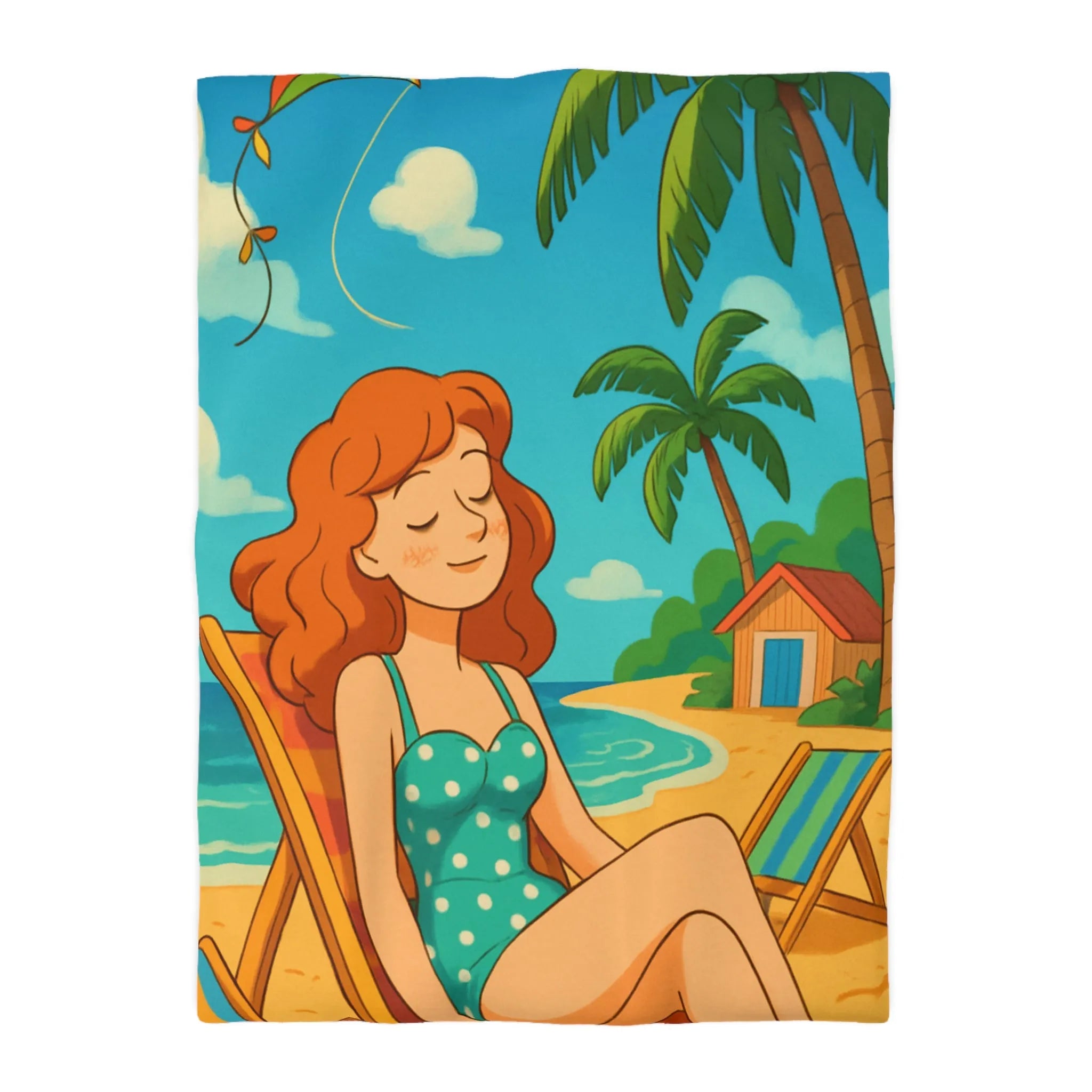 Housse de couette illustrée plage relaxante avec fille et cerf-volant coloré