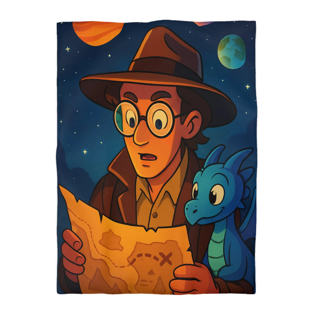 Aventure nocturne avec explorateur et dragon bleu sous planètes mystiques sur fond étoilé