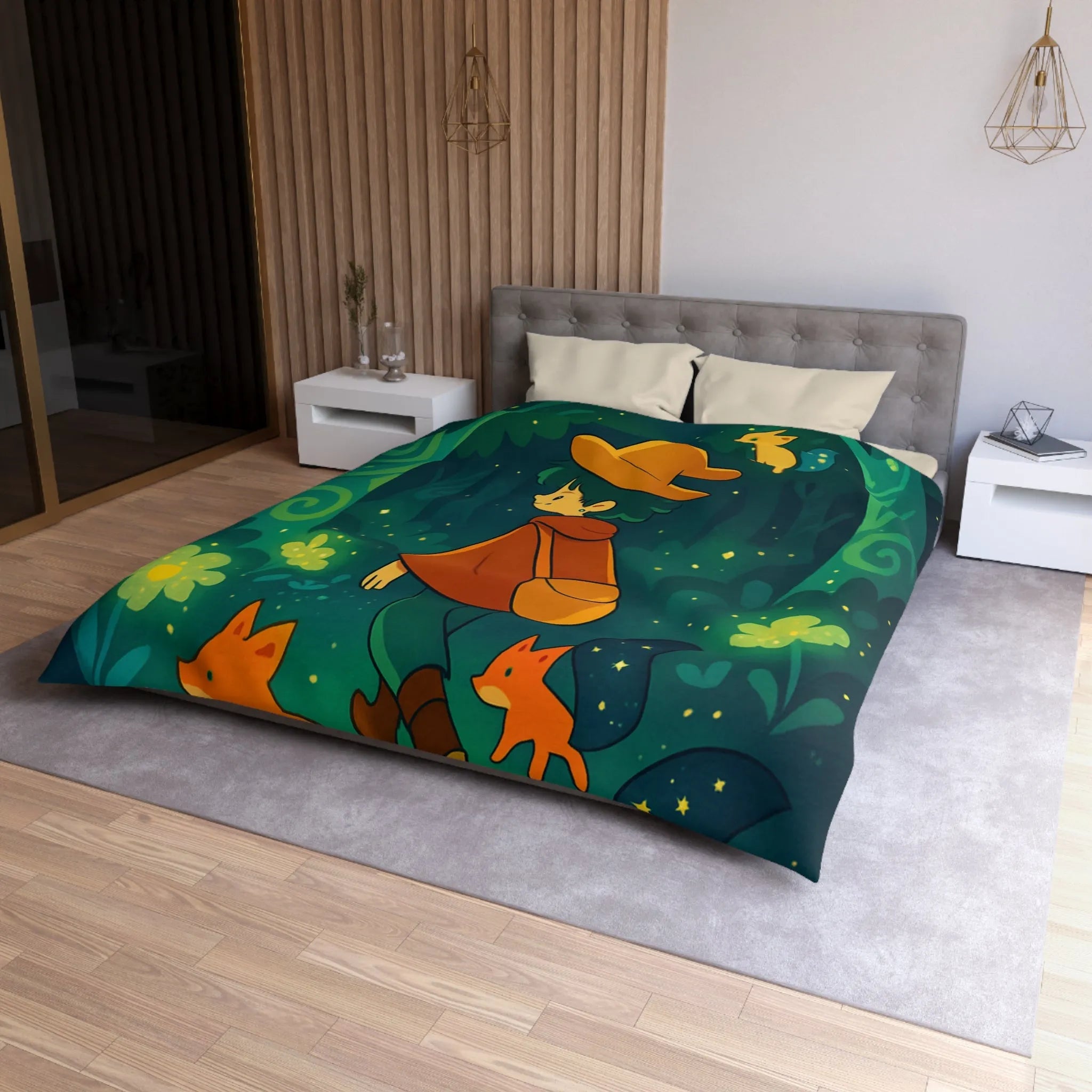 Housse de Couette Forêt Enchantée Enfants Renards Orange Jaune Vert Fantaisie Nuit