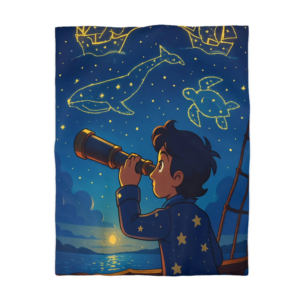 Housse de Couette Étoilée Enfant Rêveur Observant Constellations Célestes Bleu Nuit