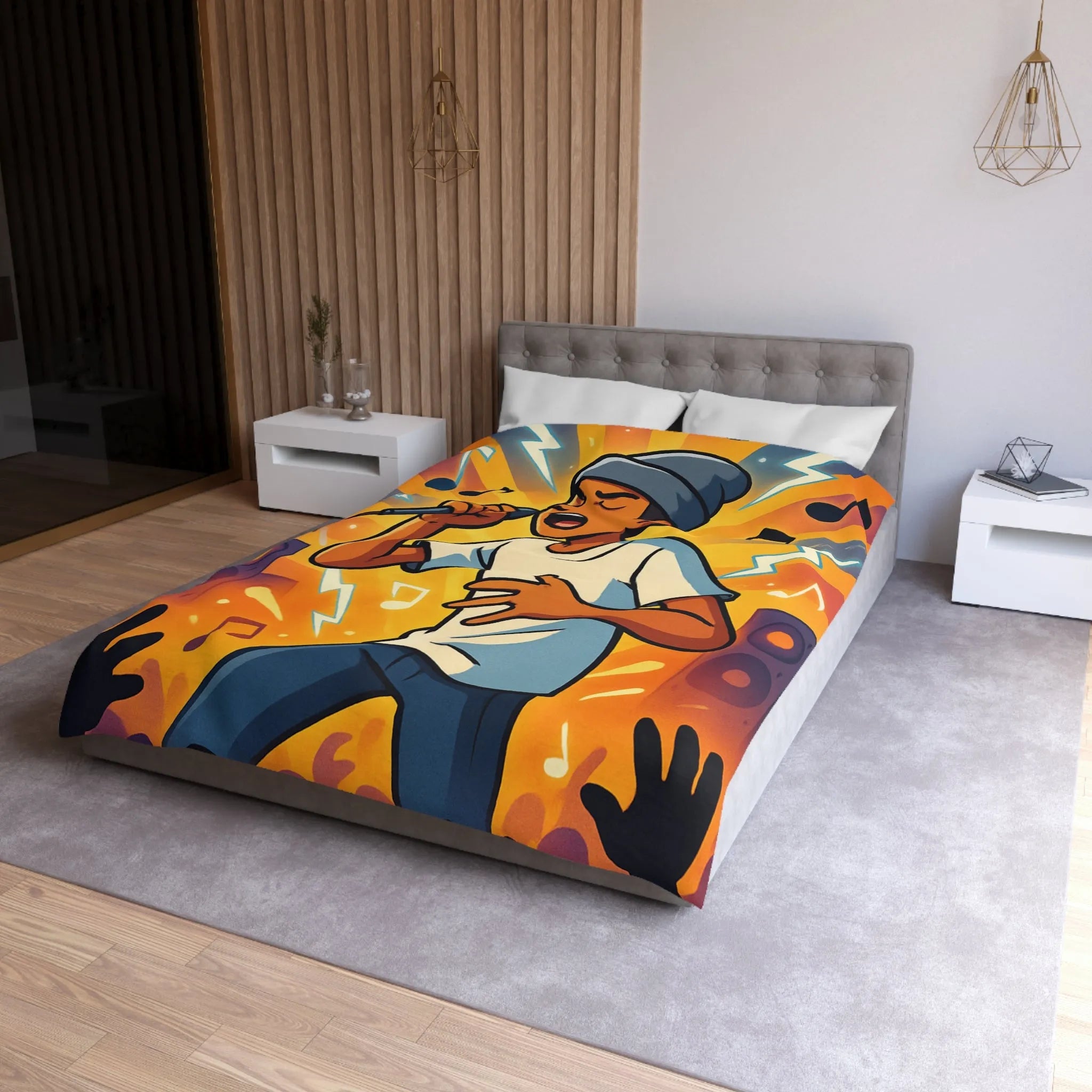 Housse de couette ambiance concert urbain avec chanteur et éclairs musicaux colorés