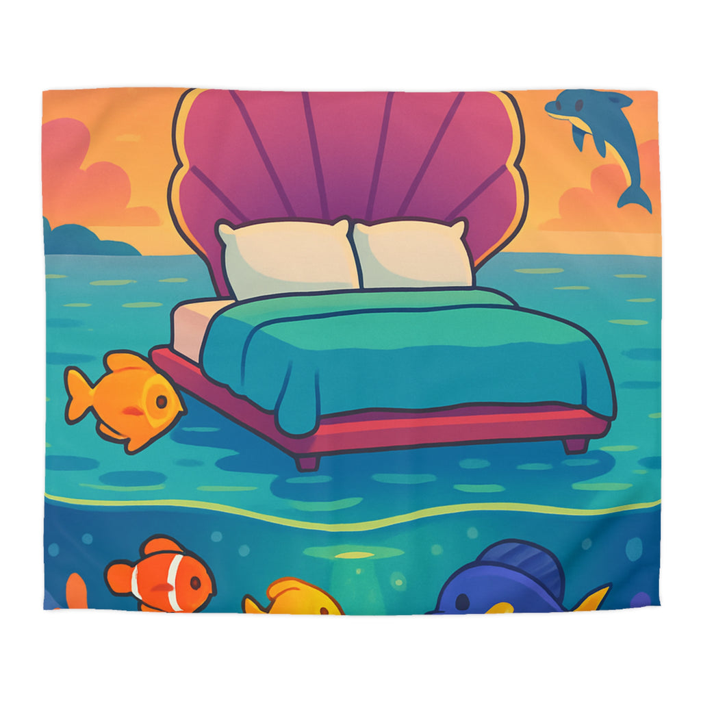 Housse de couette océan, lit coquillage, poissons tropicaux, ambiance coucher de soleil