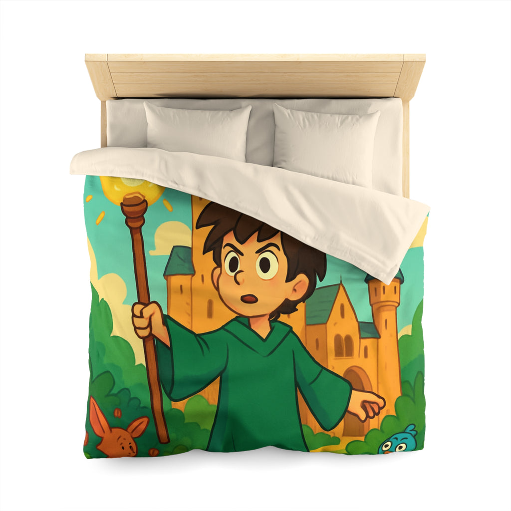 Housse de couette pour enfants avec château magique, dragon et petit magicien coloré