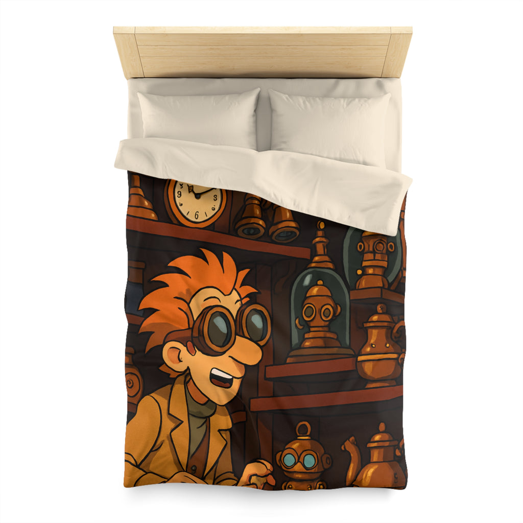 Housse de couette steampunk avec engrenages dorés et inventeur aux lunettes futuristes