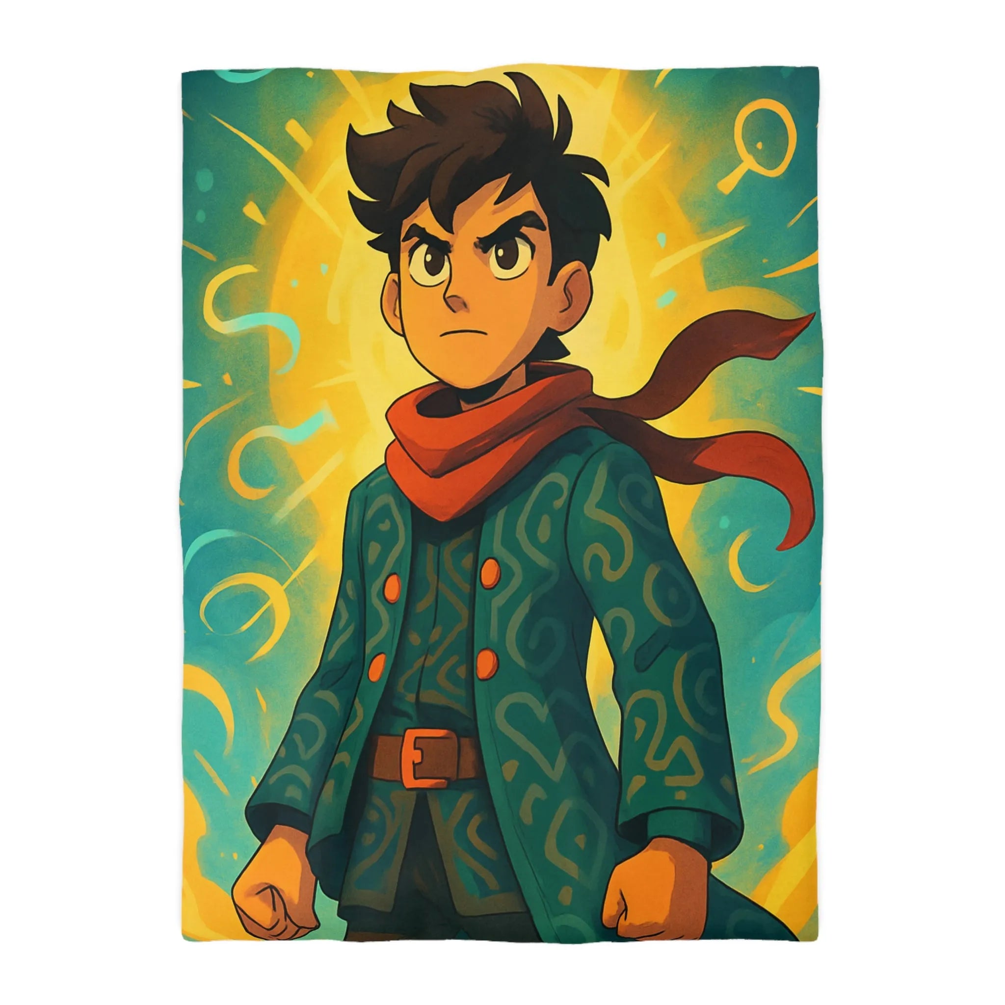 Éclatante illustration magique pour housse de couette avec personnage courageux et motifs abstraits colorés