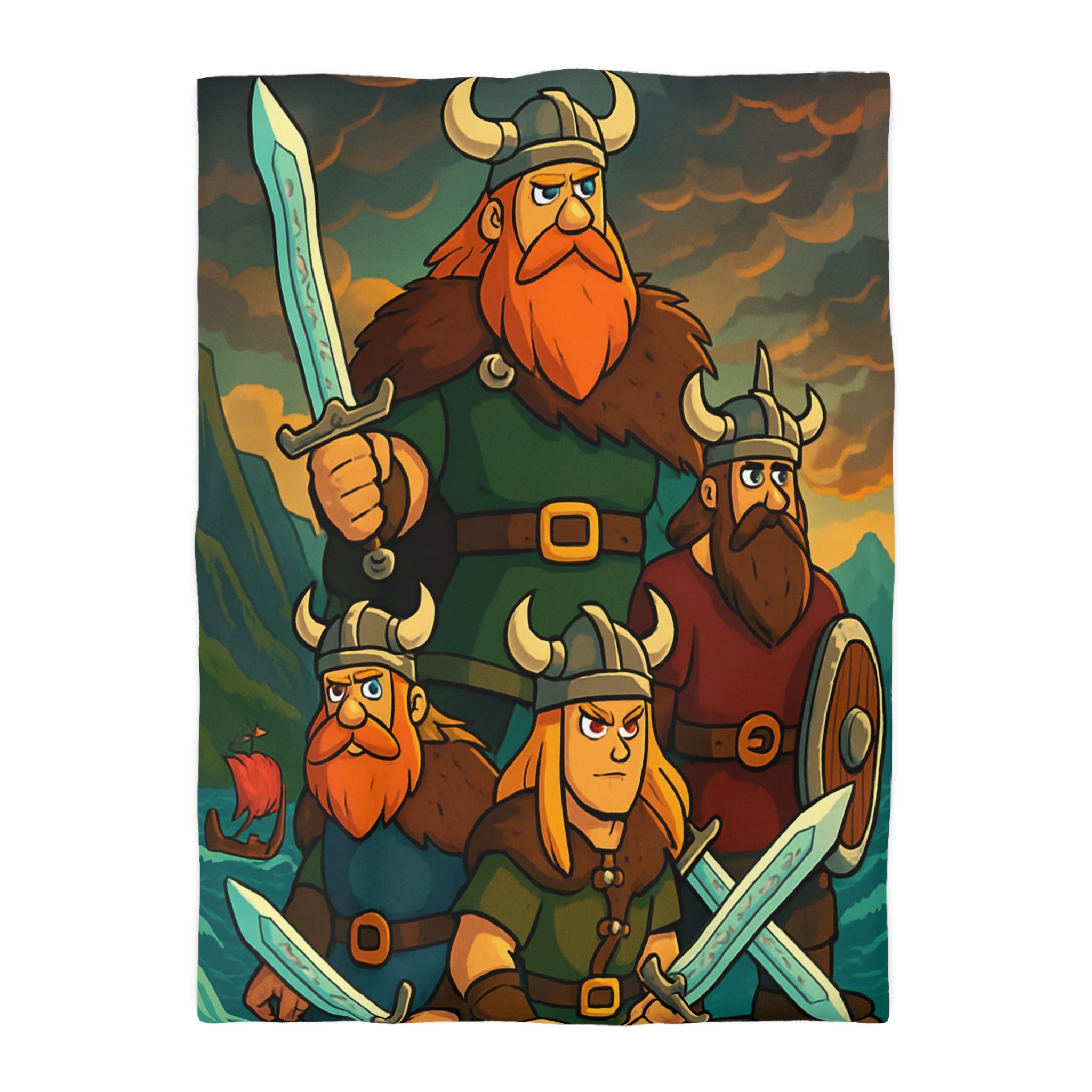 Housse de couette viking épique avec des guerriers et paysage dramatique