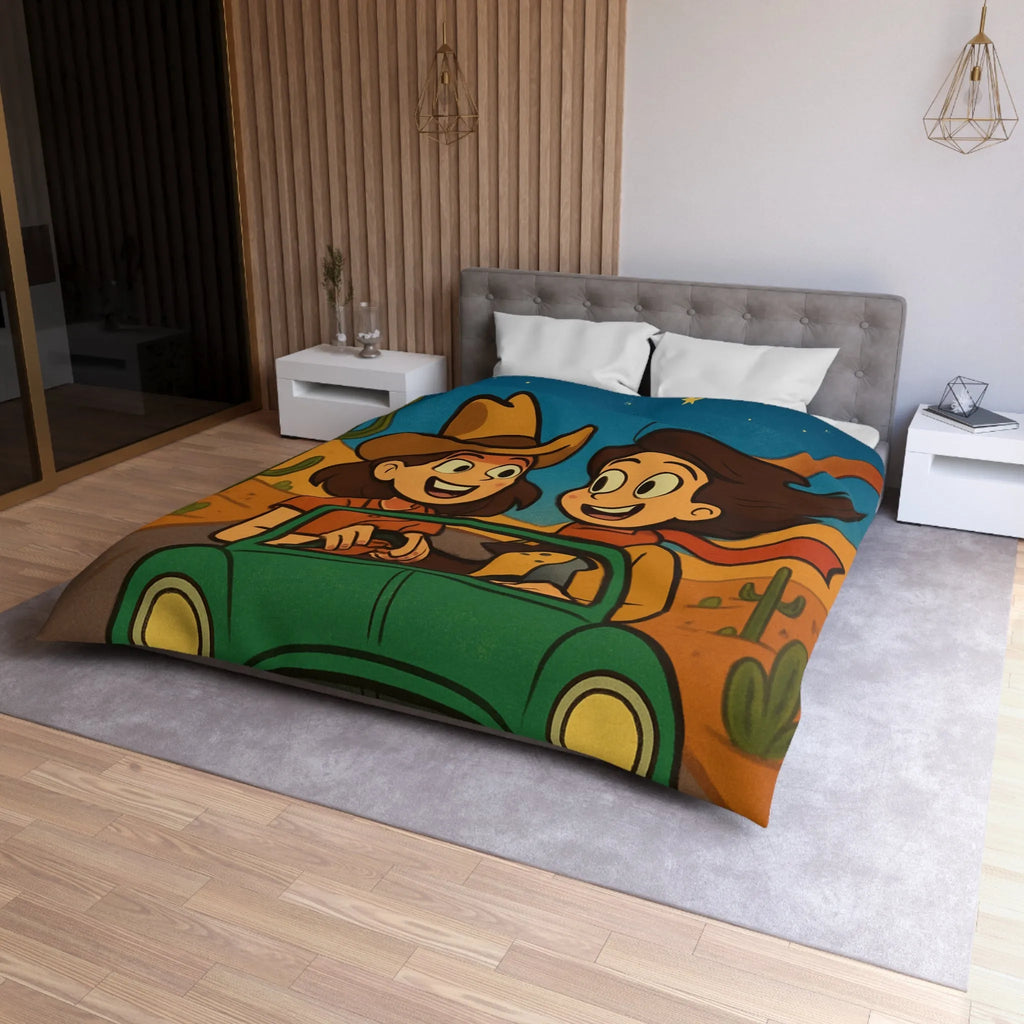 Ensemble Road Trip Enfants Désert Nuit Étoilée Voiture Verte Amusante Illustration Vintage