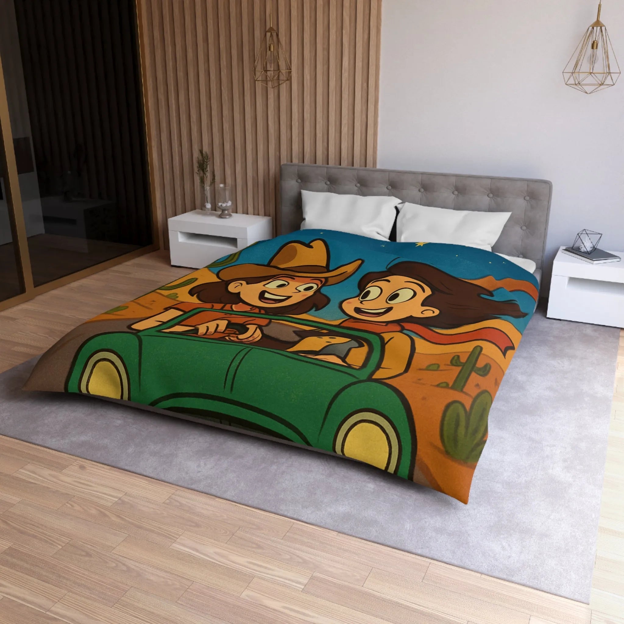 Ensemble Road Trip Enfants Désert Nuit Étoilée Voiture Verte Amusante Illustration Vintage