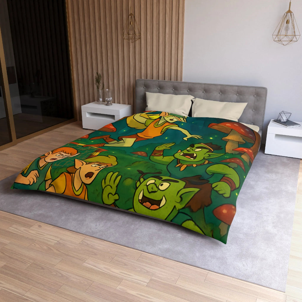 Housse de couette d’elfes joueurs de handball dans une forêt magique illuminée