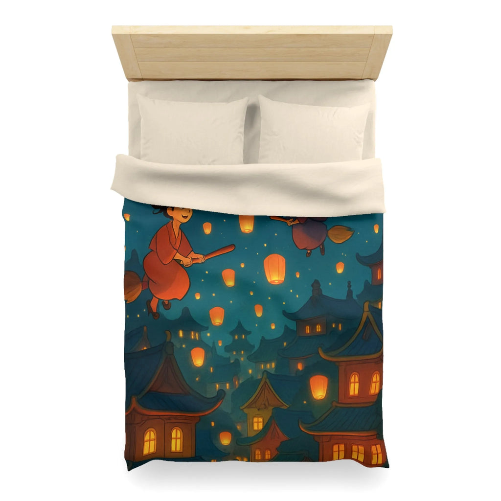 Housse de Couette Magique avec Sorcières Volantes et Lanternes dans le Ciel Nocturne