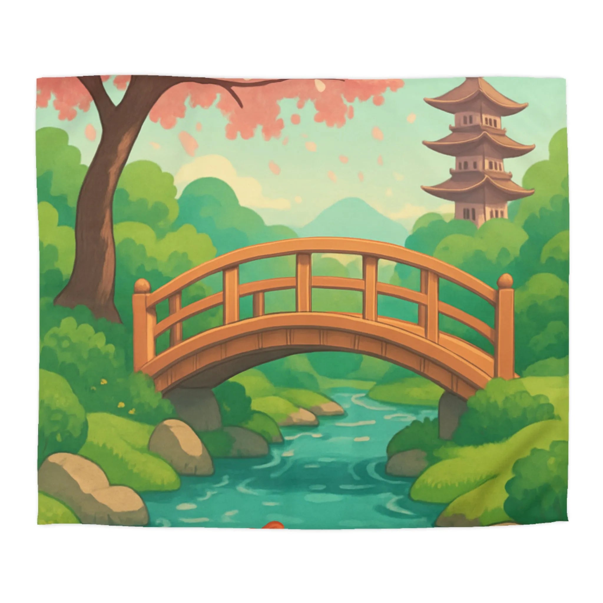 Housse de couette japonaise avec arbre en fleurs, pont en bois et carpes koi