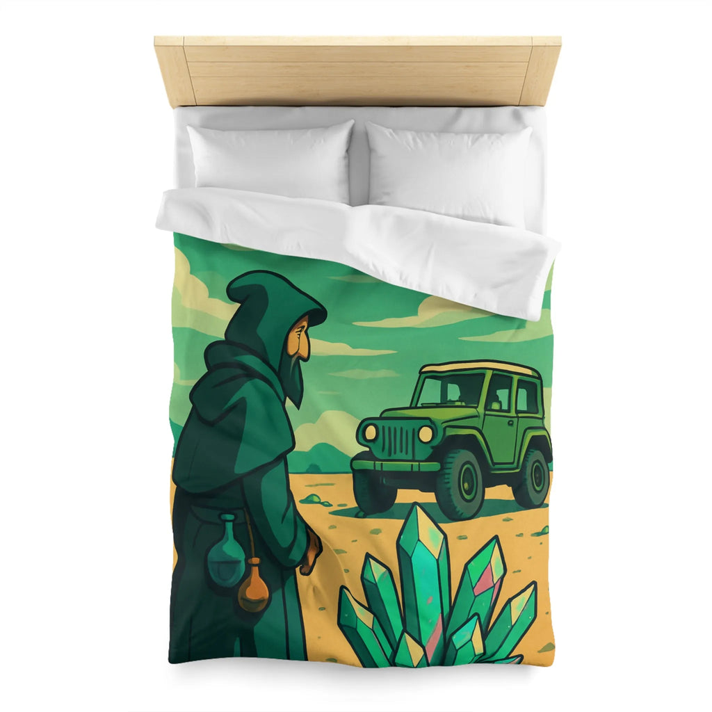 Housse de couette illustrée avec paysage surnaturel, grotte colorée et véhicule tout-terrain