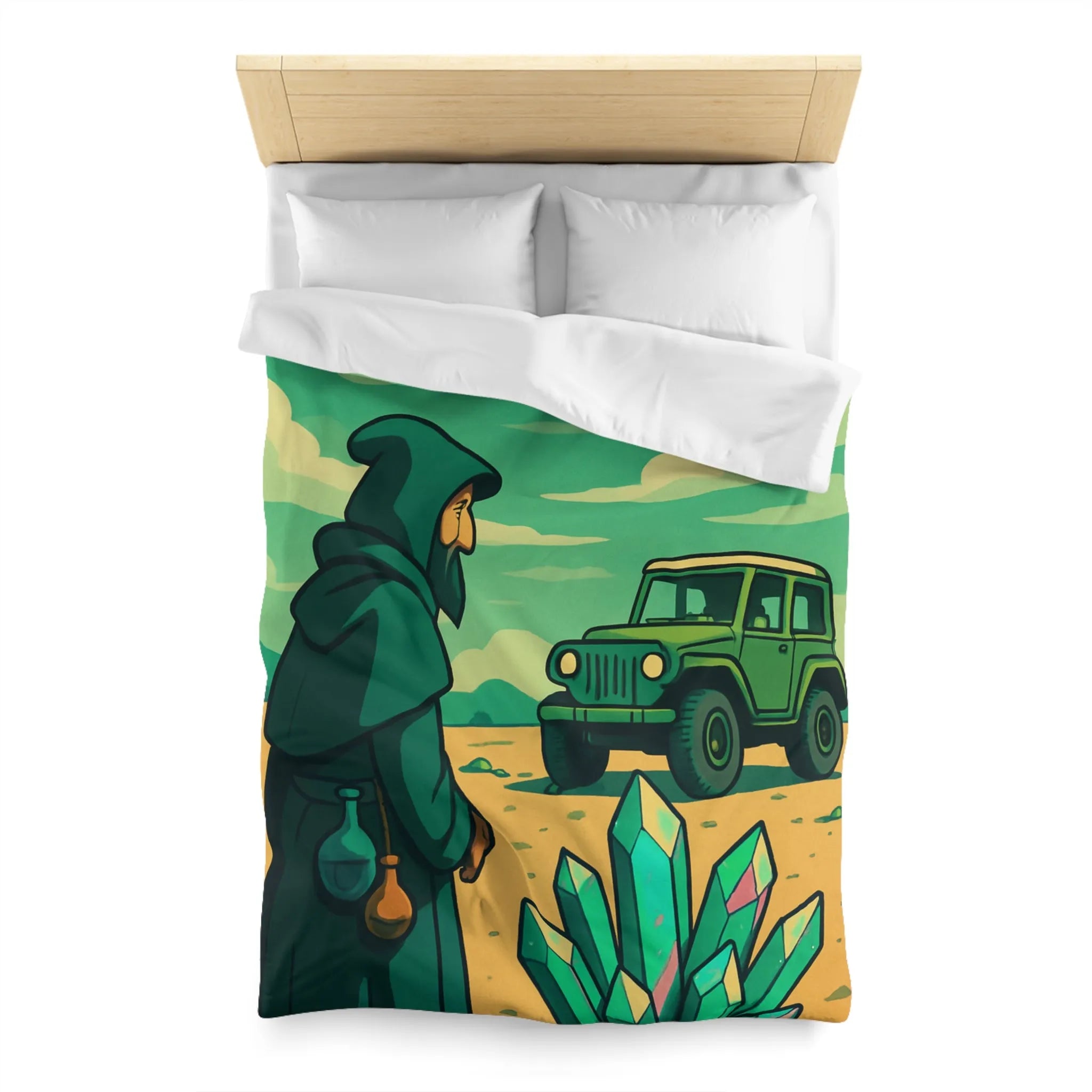 Housse de couette illustrée avec paysage surnaturel, grotte colorée et véhicule tout-terrain