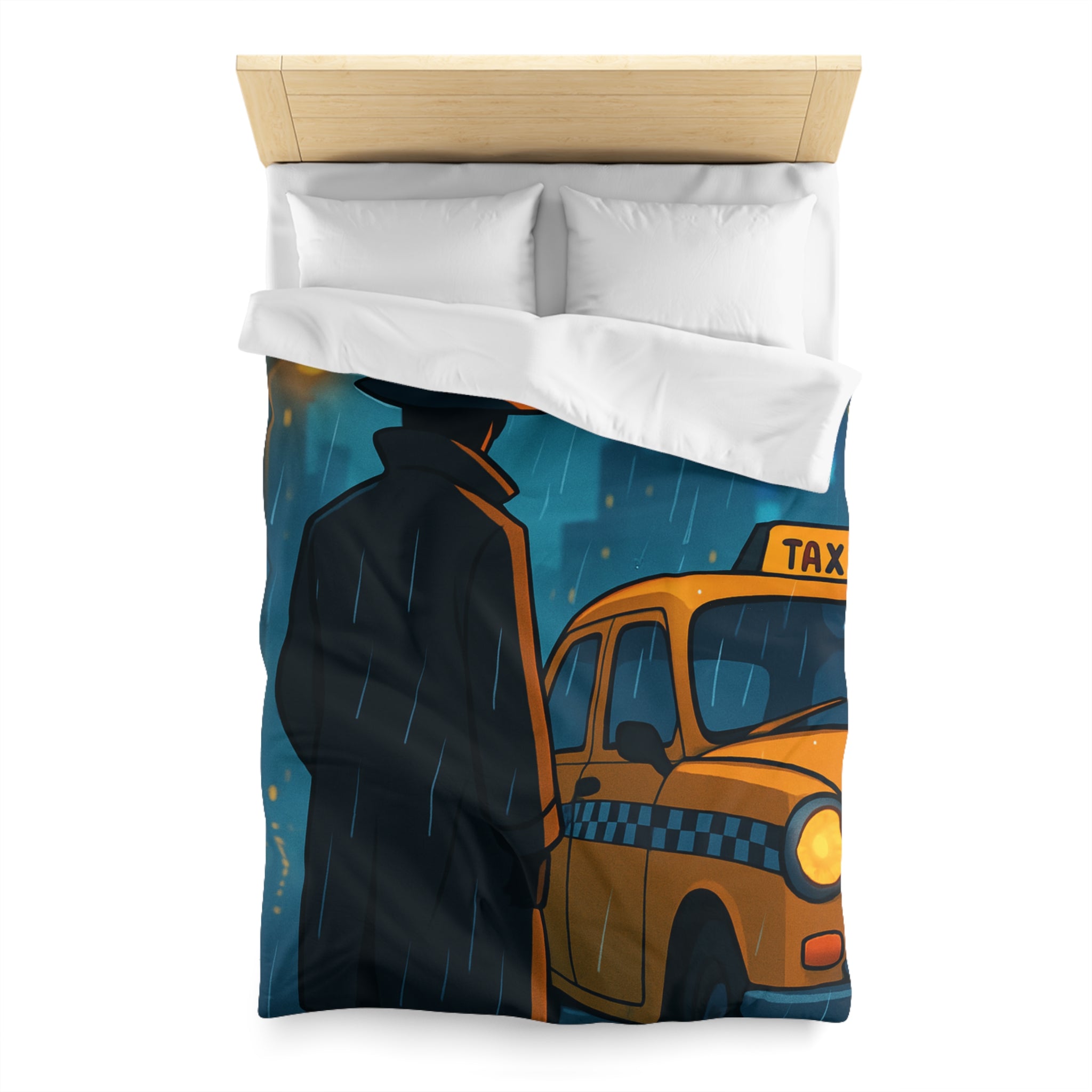 Mystérieux Homme En Imper Parapluie Noir Attendant Taxi Jaune Sous Pluie Urbaine Nocturne