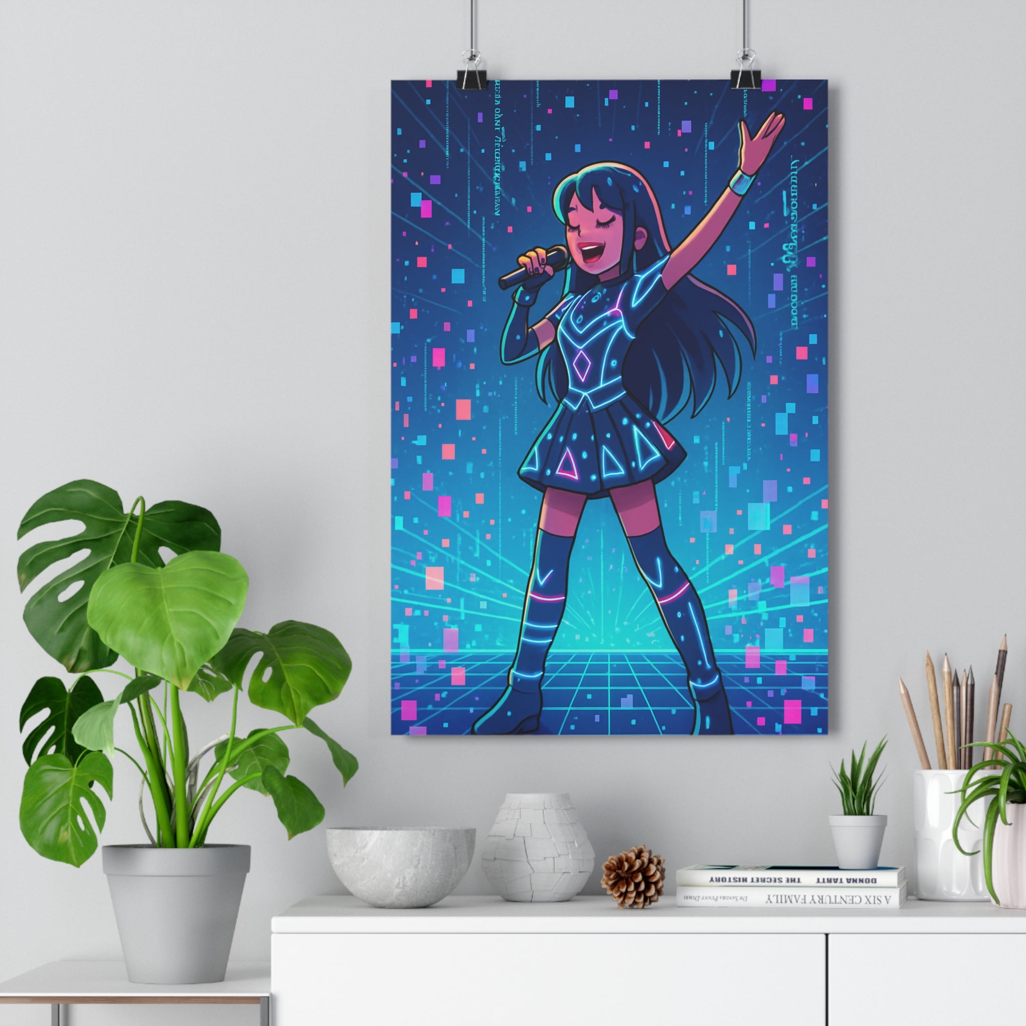 Poster décoratif chanteuse futuriste cyberpunk bleu rose néon chambre bureau moderne dynamique tendance art