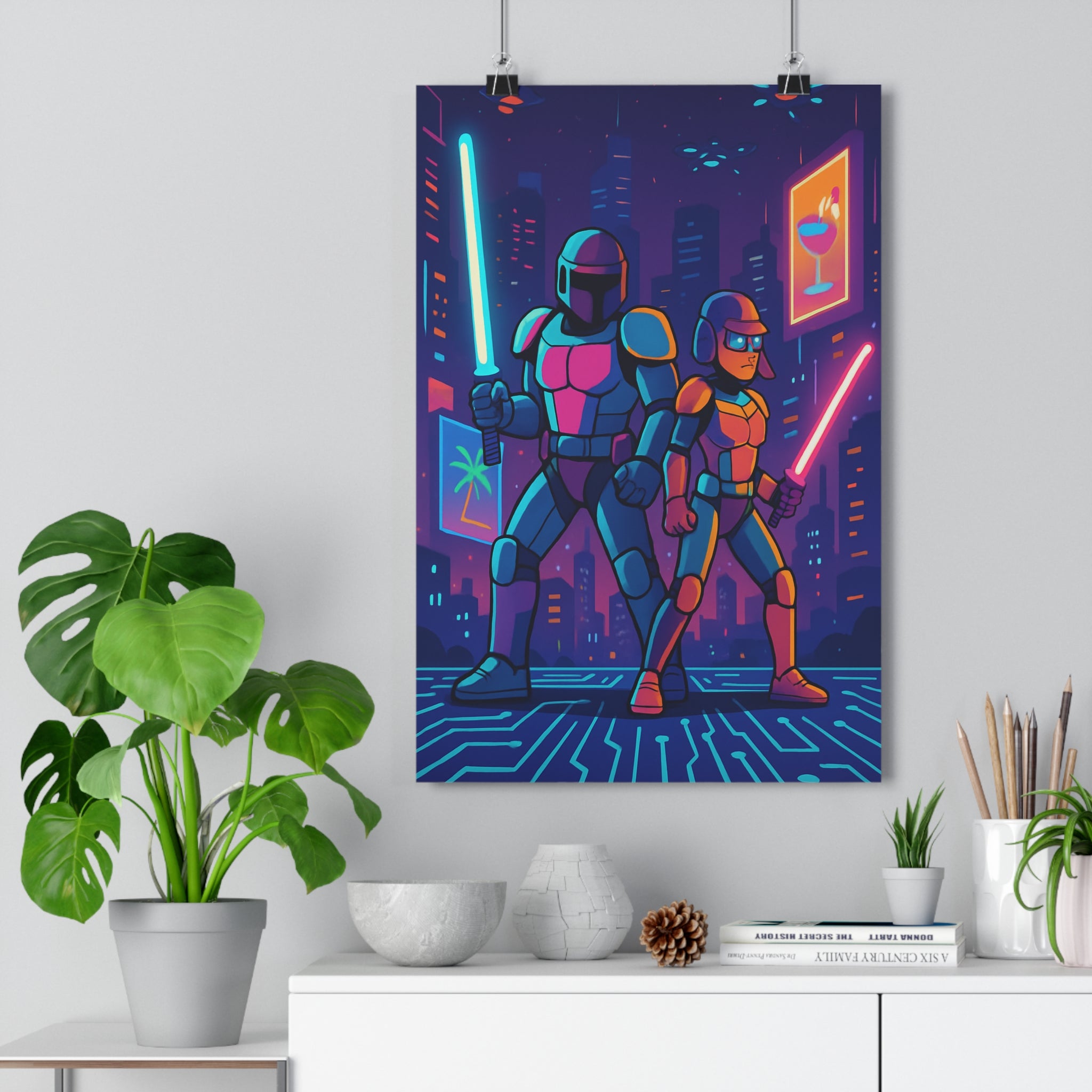 Poster décoratif futuriste bleu rose violet anime cyberpunk urbain gamer chambre épées lumineuses 30x46