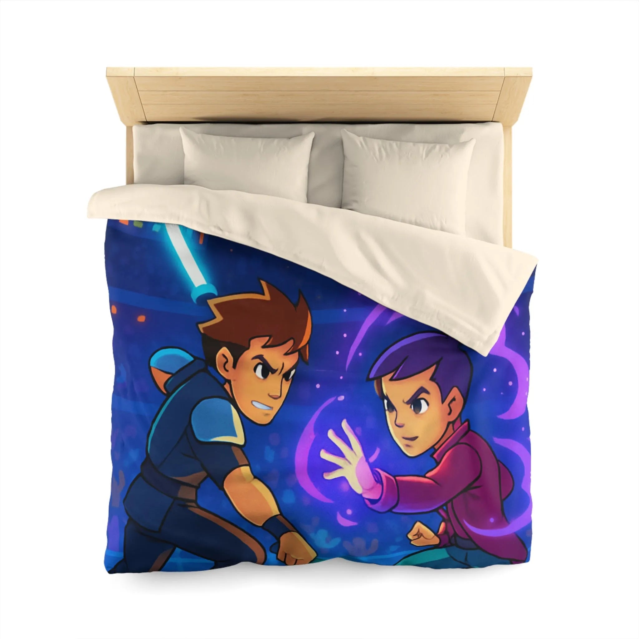 Housse de Couette Enfant Design Combat Futuriste avec Épées Laser et Pouvoirs Magiques