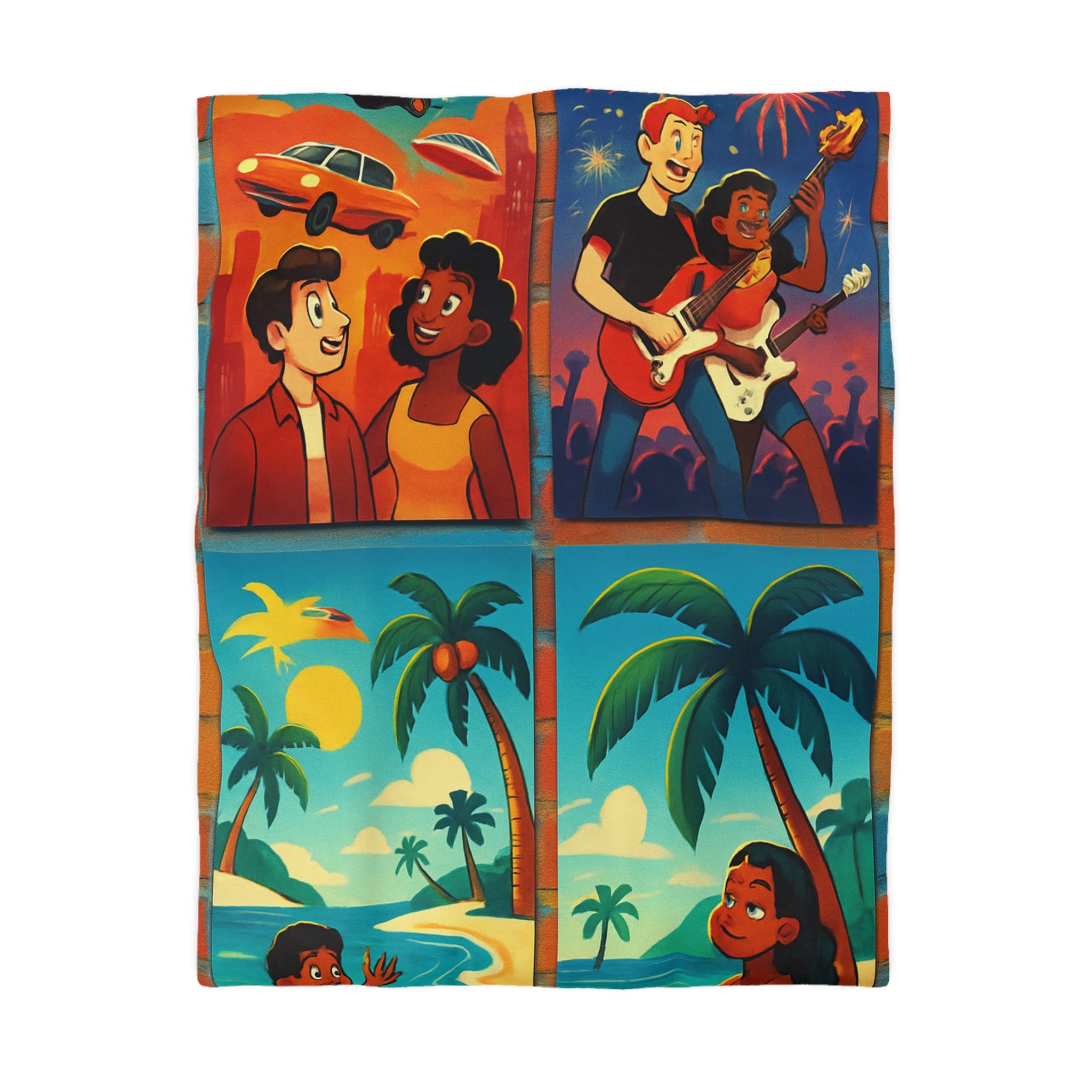 Vivid Tropical Scene with Cars, Fireworks, and Joyful Festivities for Colorful Bedroom Decor