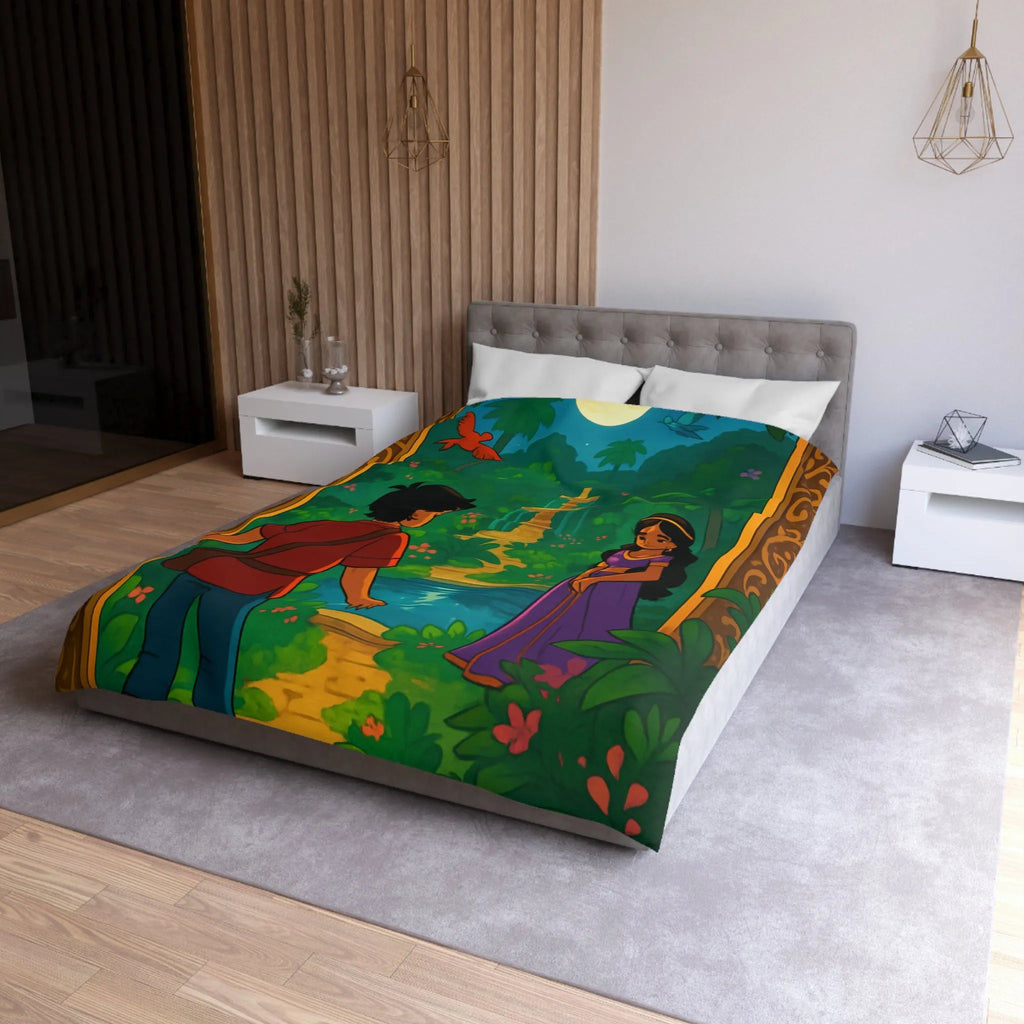 Housse De Couette Enchantée Illustrant Jardin Nocturne Avec Fontaine Et Clair De Lune