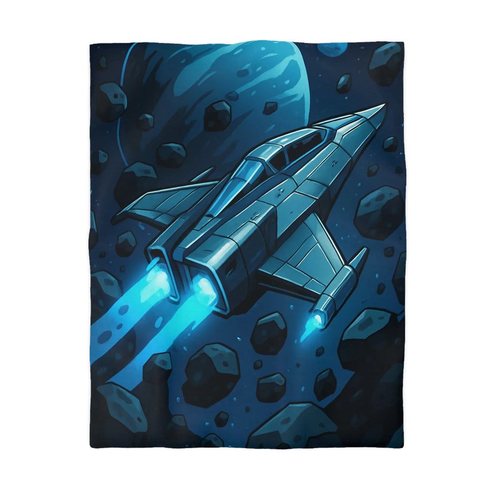 Housse de couette imprimée vaisseau spatial bleu voyageant à travers un champ d'astéroïdes