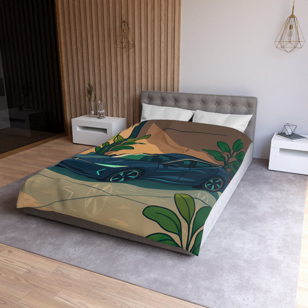 Housse de Couette Moderne avec Voiture et Plantes Vertes pour Design Chic Urbain