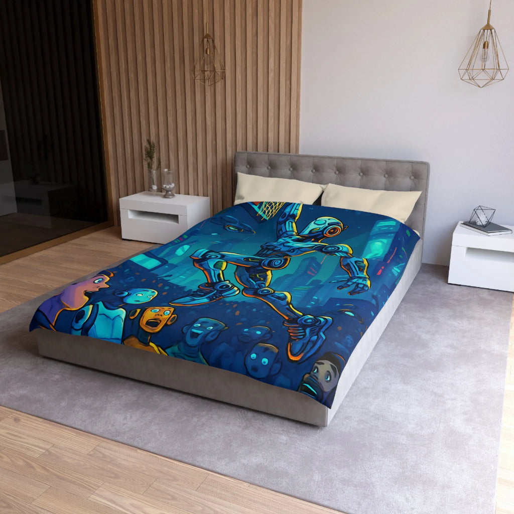 Housse de couette futuriste avec robot jouant au basket dans une ville lumineuse