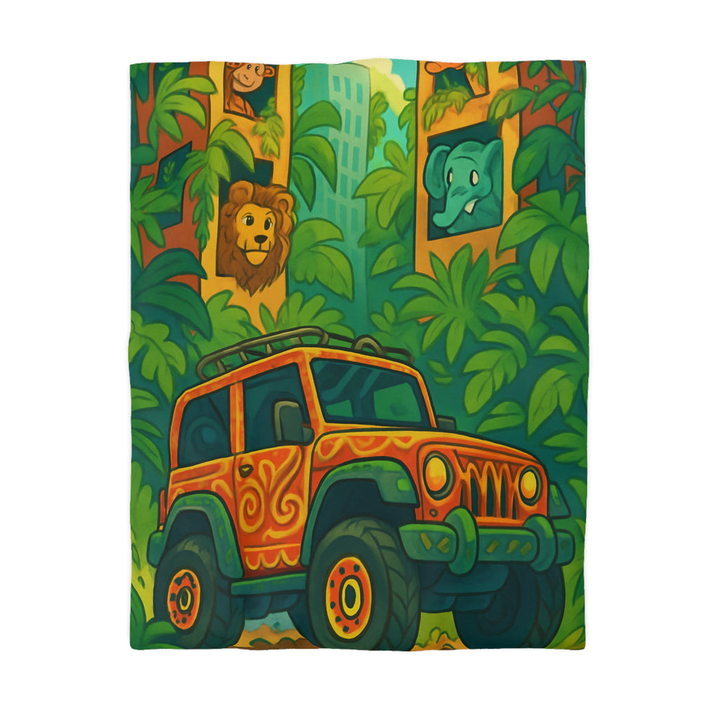 Housse de couette vibrante jungle aventure avec animaux et véhicule tout-terrain colorés