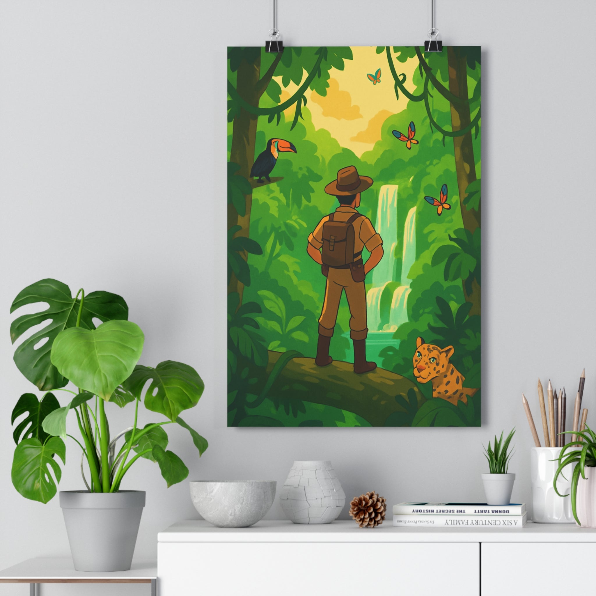 Poster décoratif jungle émeraude vibrant animé forêt amazonienne aventure salon enfant exotique couleur cascade