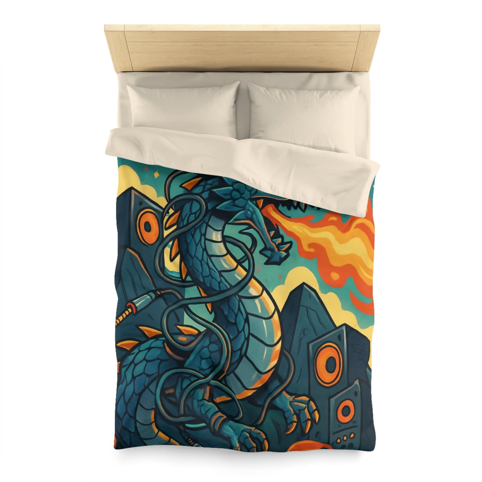 Housse de couette avec dragon fantaisie émettant flammes et musique vibrante rétro
