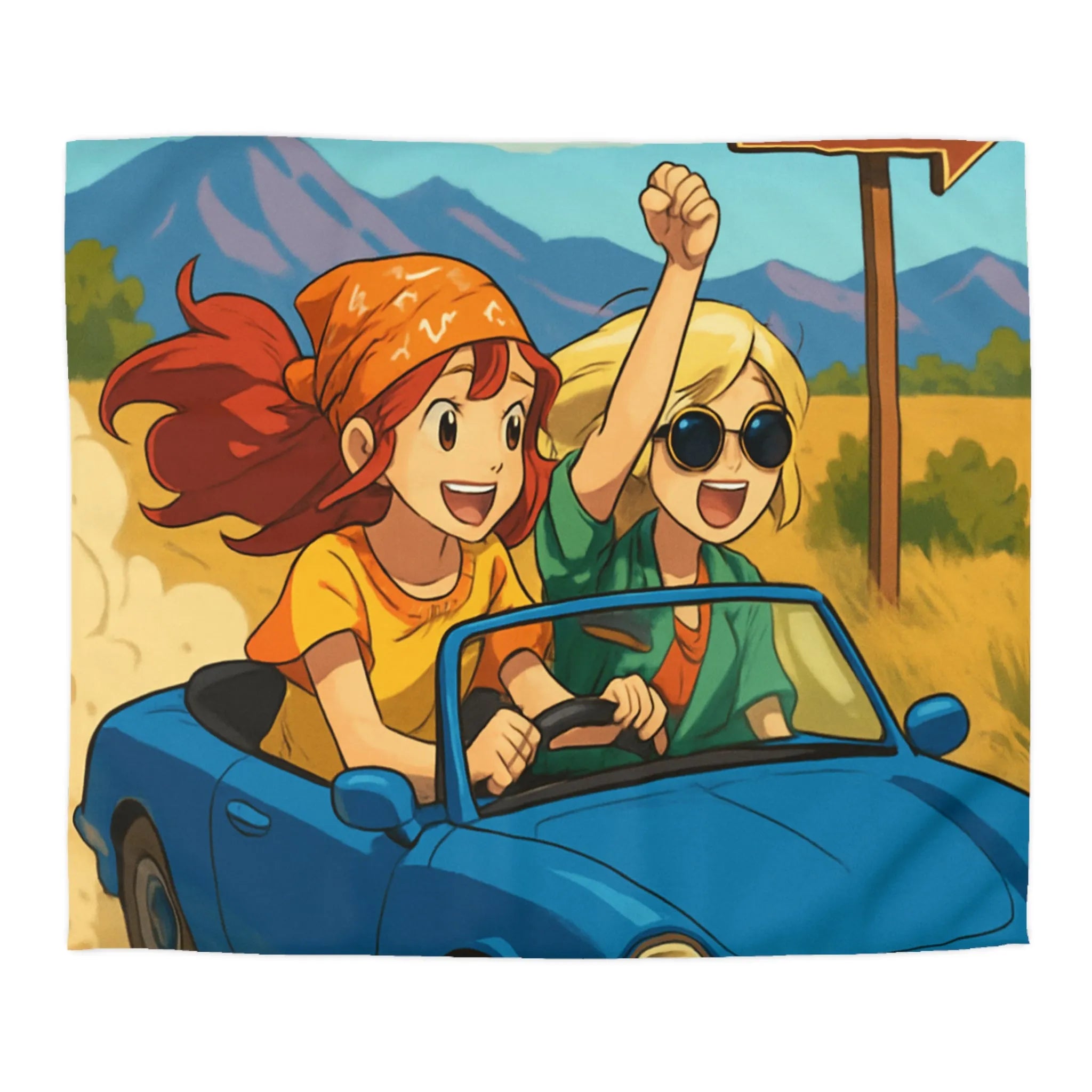 Housse de couette colorée avec scène de route en montagne et amis joyeux