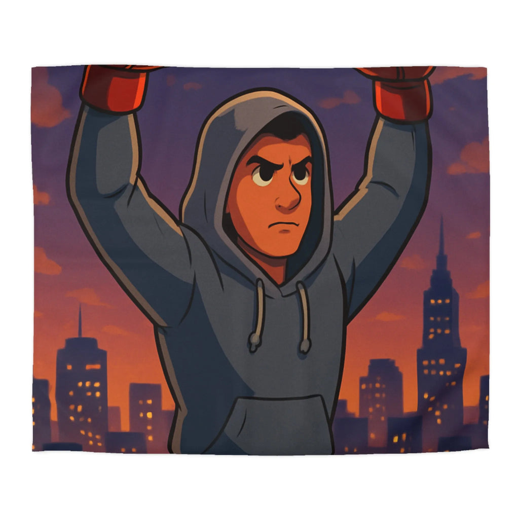 Housse de couette avec boxeur déterminé sous ciel de crépuscule en ville