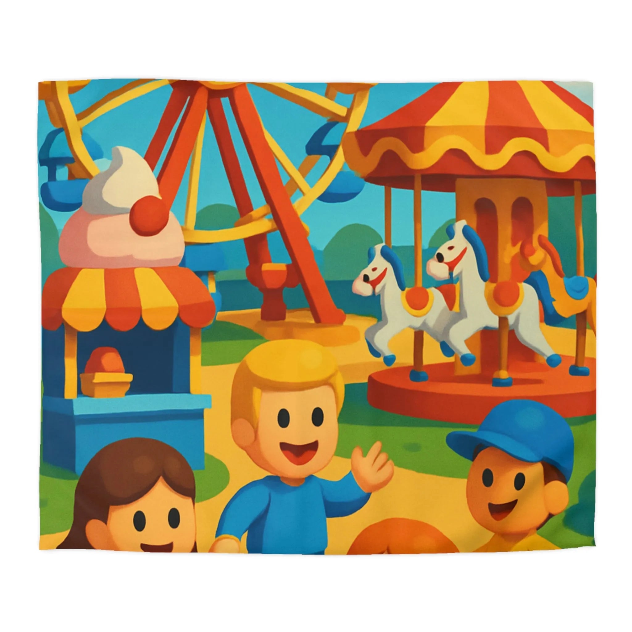 Housse de couette joyeuse avec motifs de fête foraine colorée et enfants souriants